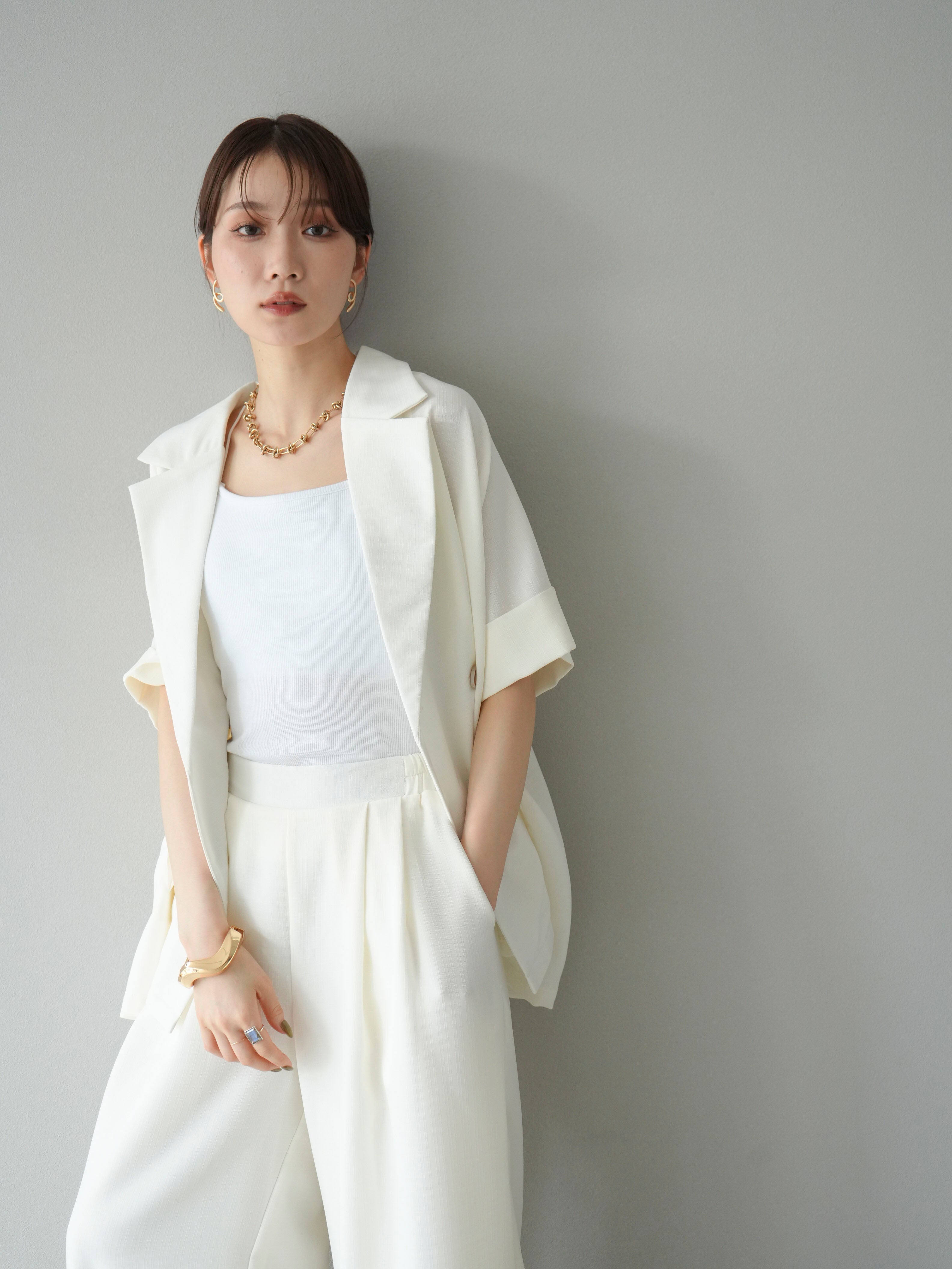 SET]リネンライクハーフテーラードジャケット+カップ付きバッククロス