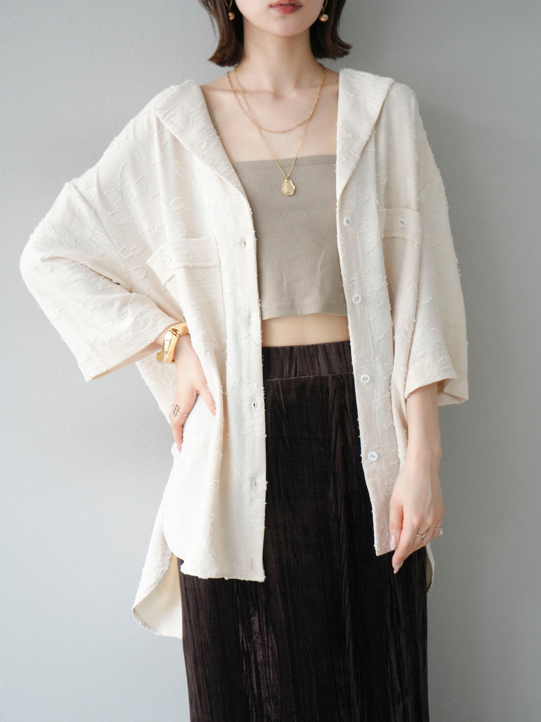 [予約]ジャガードハーフスリーブシャツ/アイボリー