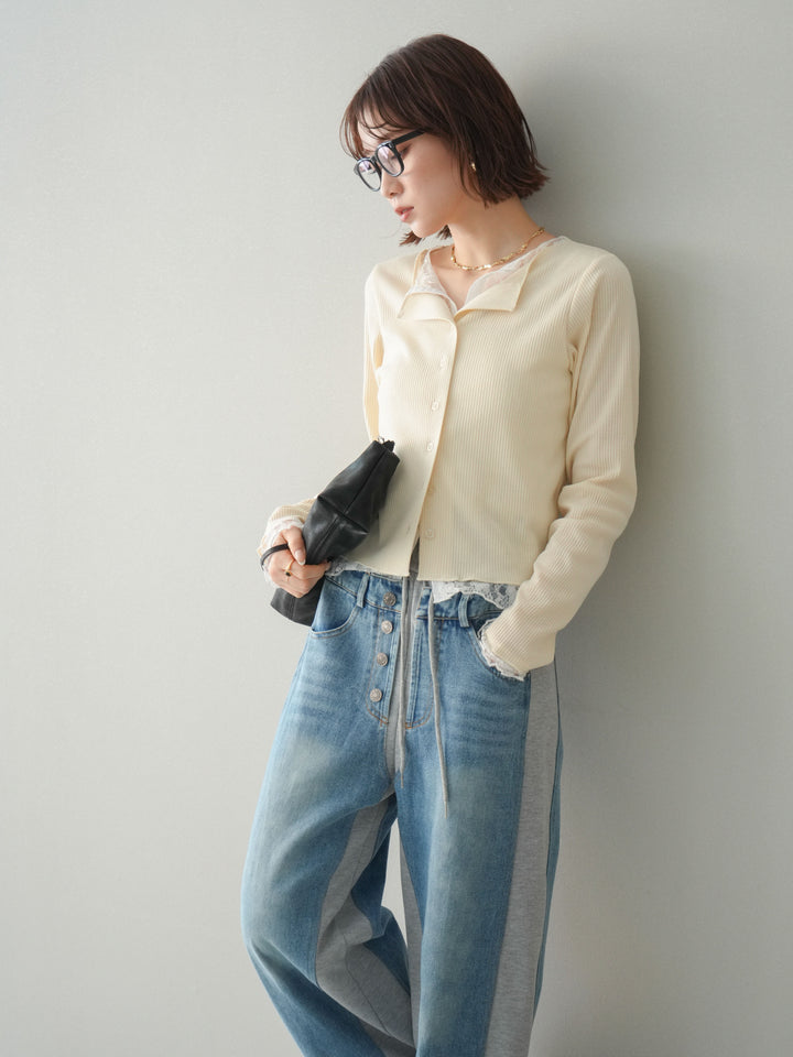 [SET]レースドッキングテレコリブカーディガン+選べるアクセセット(2set)