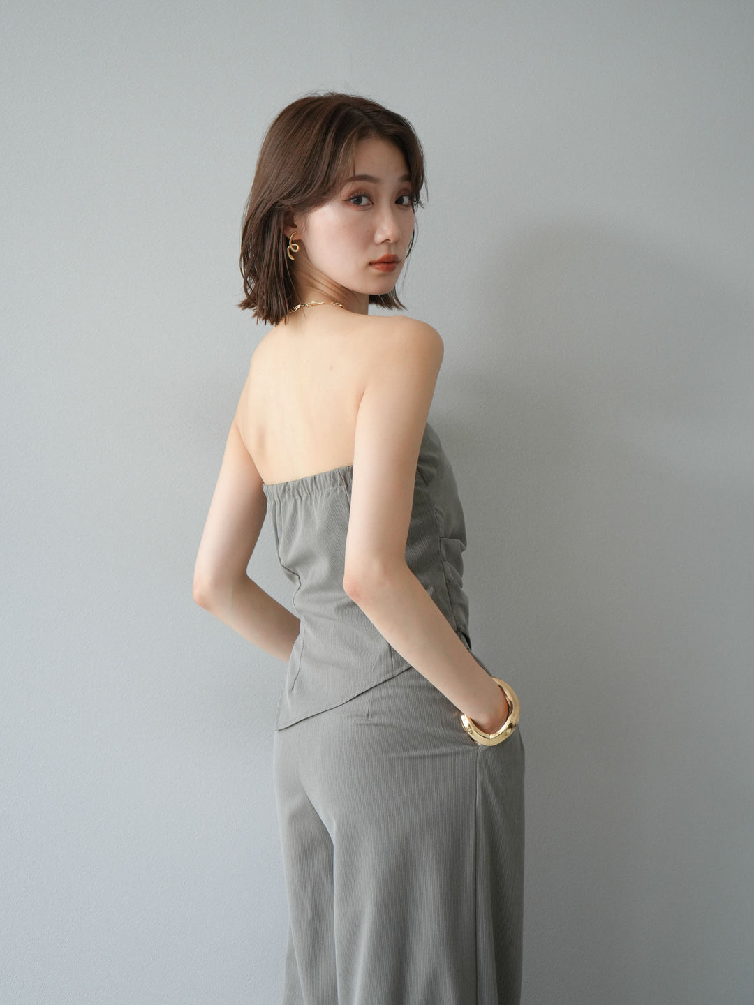 [SET] 條紋褶襉露肩上衣＆寬褲 SET UP (2set)