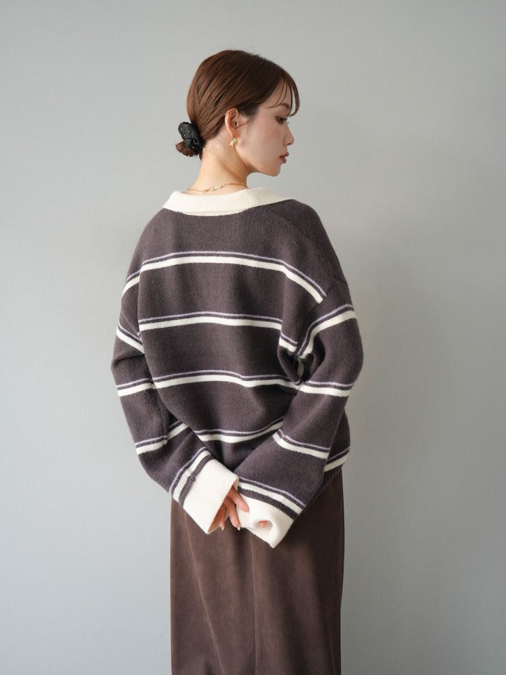 [SET]ポロ襟スキッパーボーダーニットプルオーバー+スウェードIラインスカート(2set)