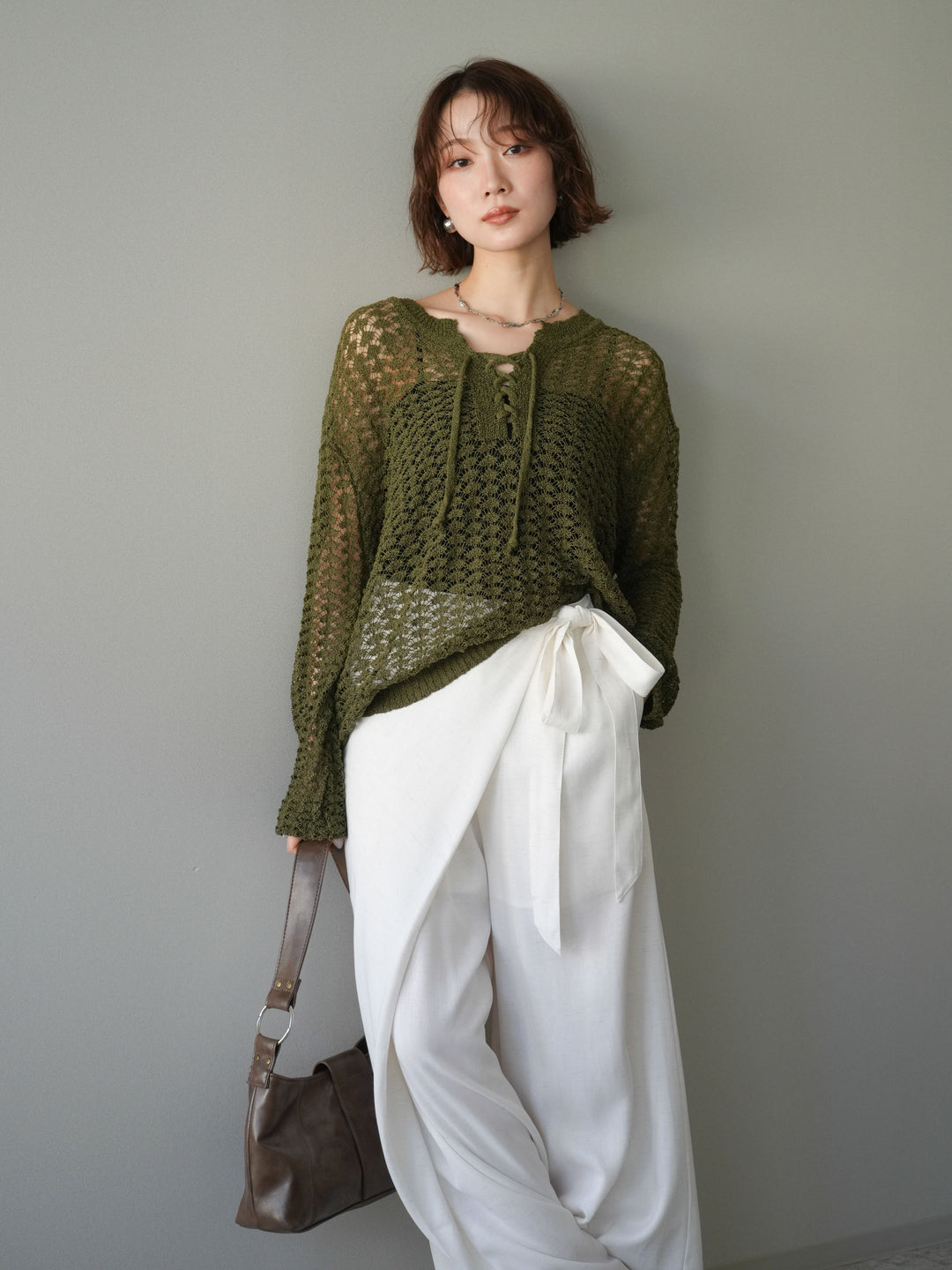 [予約]パネルメッシュニットトップス/khaki