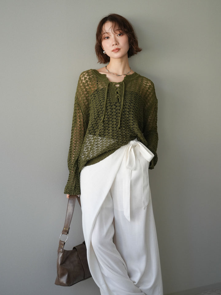 [予約]パネルメッシュニットトップス/khaki