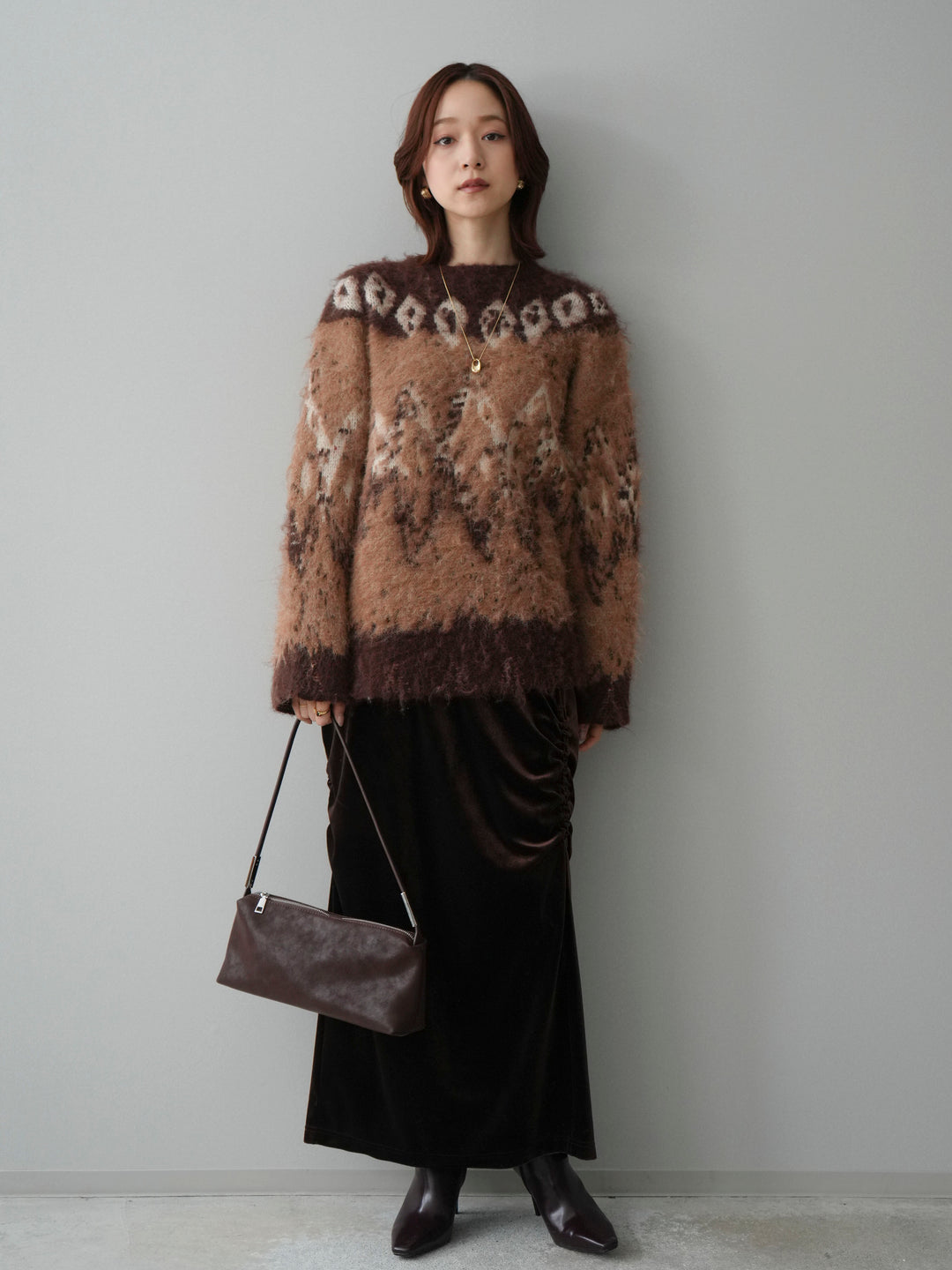 [SET]シャギーニュアンス柄ニットプルオーバー+ギャザーベロアスカート(2set)