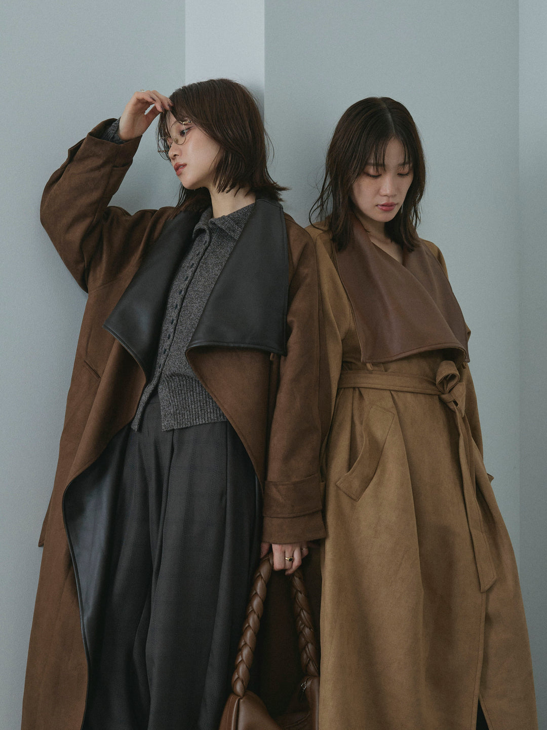 【Allure】[SET]ニットベアトップ＆ワイドパンツSET UP+レザーカラースウェードロングコート(2set)