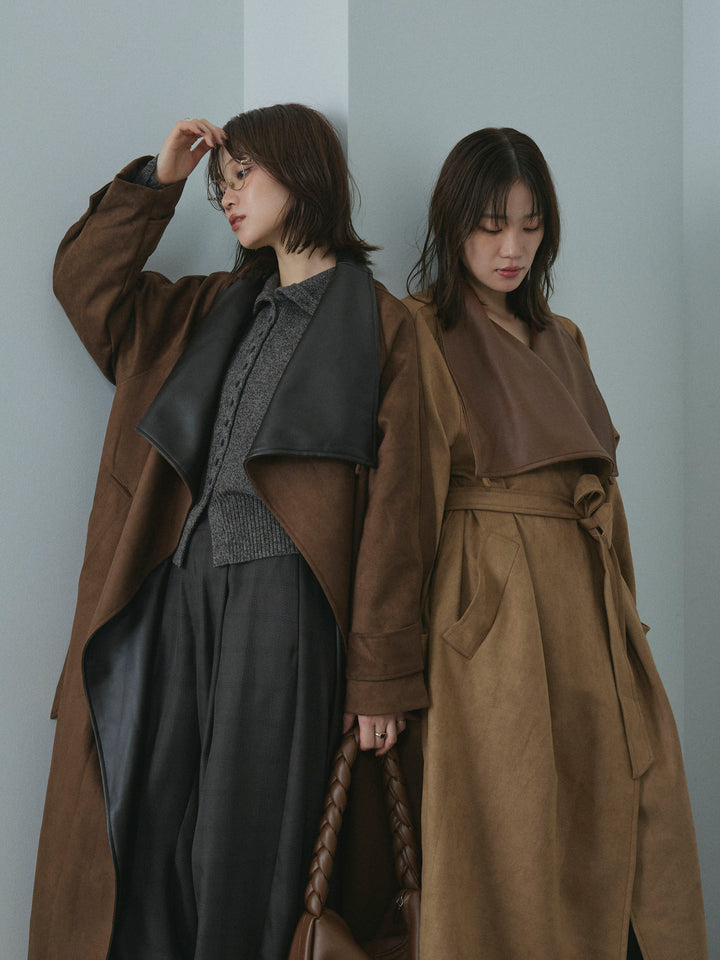 【Allure】[SET]ニットベアトップ＆ワイドパンツSET UP+レザーカラースウェードロングコート(2set)