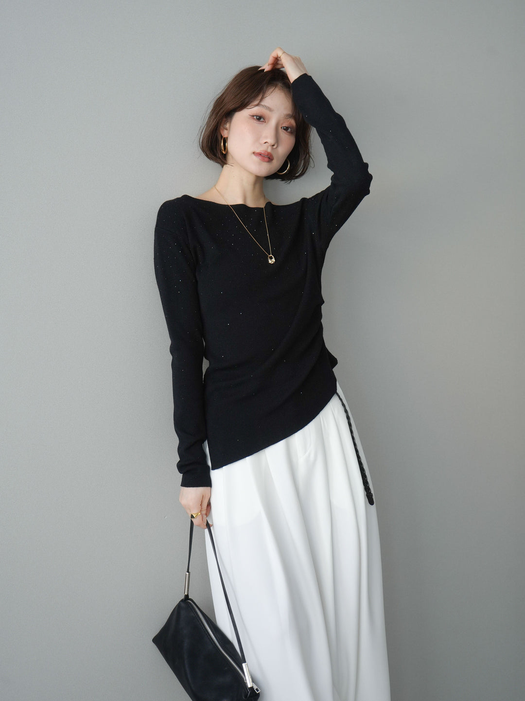 [予約]ラインストーンアシンメトリーニットトップス/black