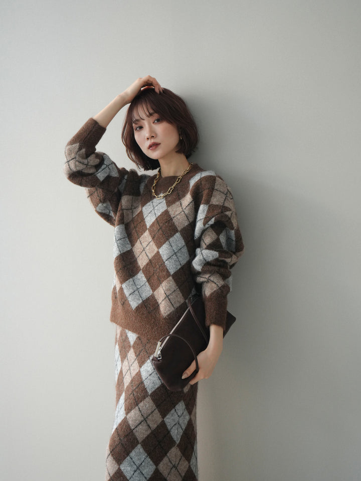 [SET]アーガイルニットプルオーバー&ロングスカートSET UP(2set)