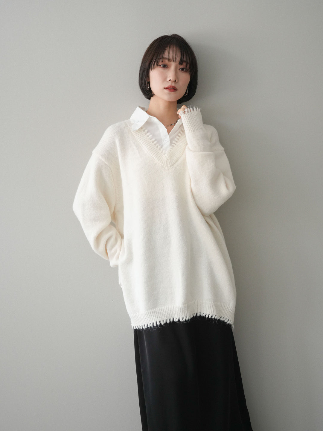 [SET]シャツドッキングVネックフリンジニットプルオーバー+選べるアクセセット(2set)