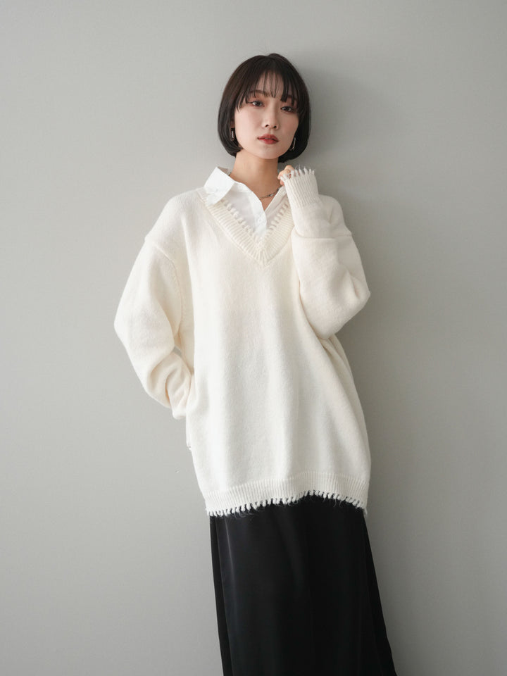 [SET]シャツドッキングVネックフリンジニットプルオーバー+選べるアクセセット(2set)