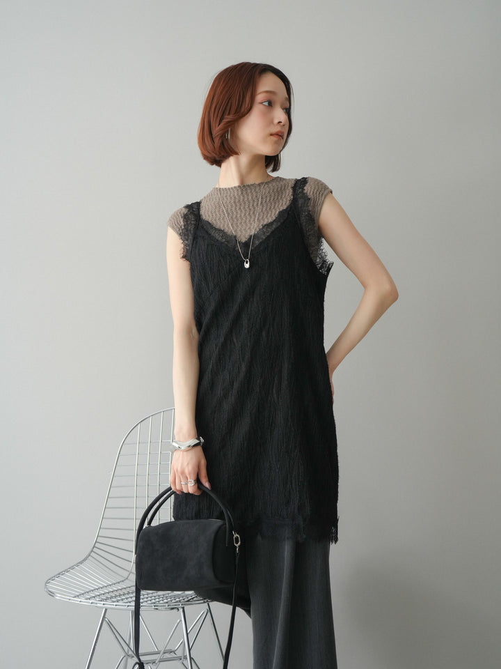 [予約]レース切替ジャガードニットロングキャミソール/black