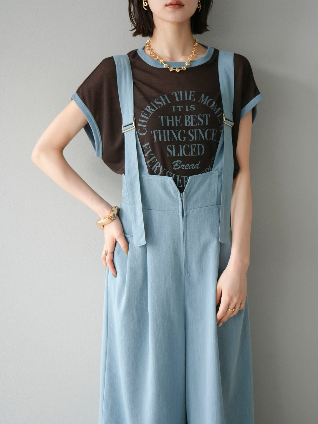 [SET]ストリングデザインハイウエストサロペット+シアーフライス ロゴプリントT (2set)