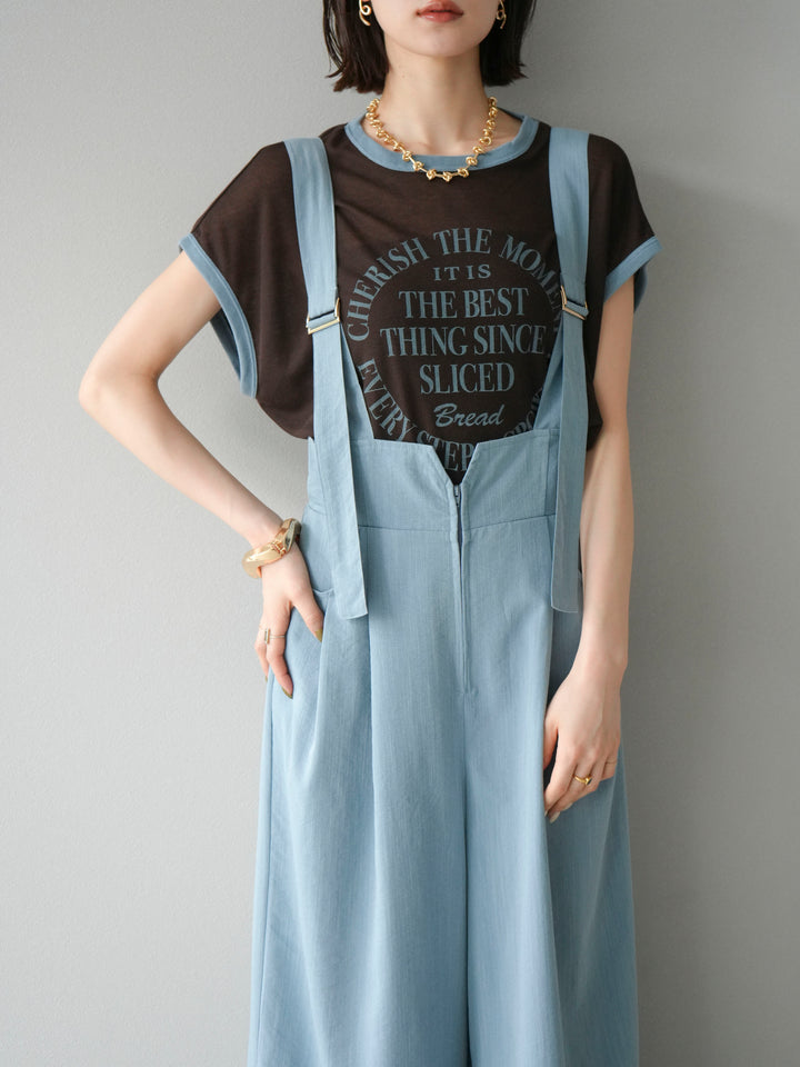 [SET]ストリングデザインハイウエストサロペット+シアーフライス ロゴプリントT (2set)