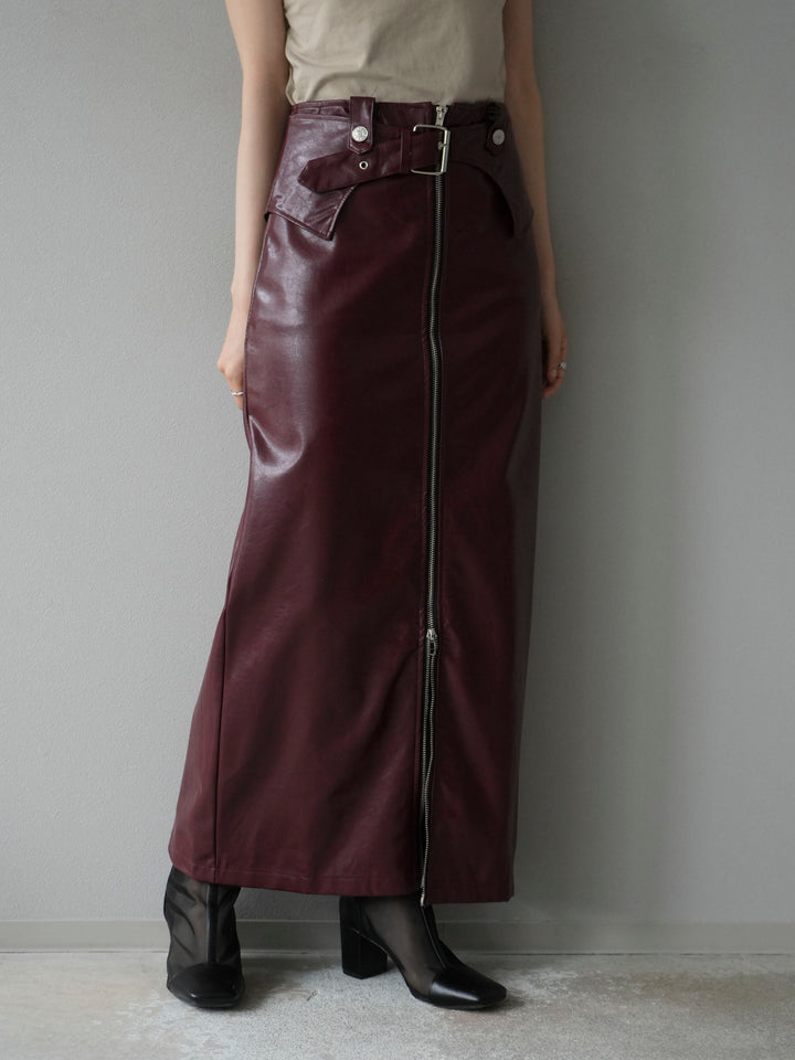 [予約]ベルトデザインレザータッチZIPタイトスカート/レッド