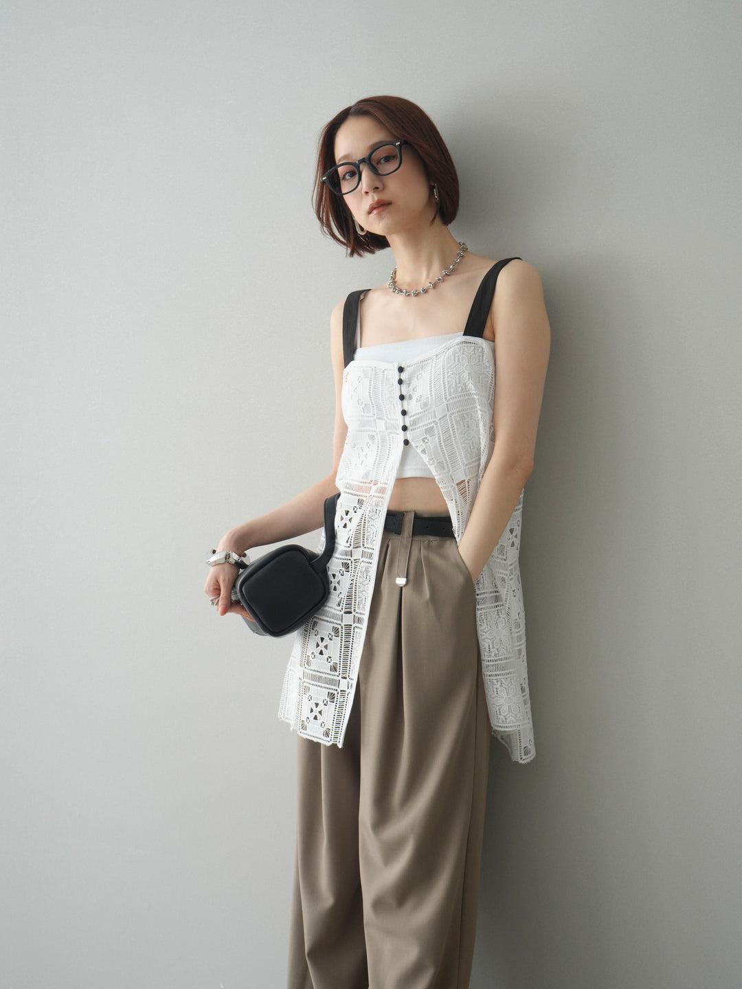 [SET]配色パネルレースキャミソール+ベルト付キーホルダーモチーフワイドパンツ(2set)