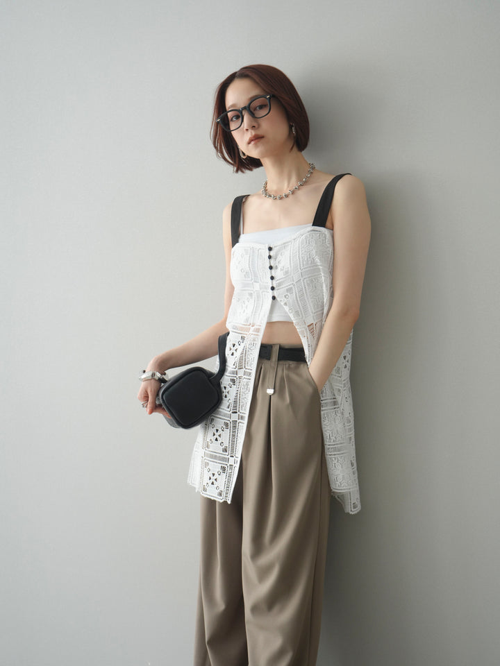 [SET]配色パネルレースキャミソール+ベルト付キーホルダーモチーフワイドパンツ(2set)
