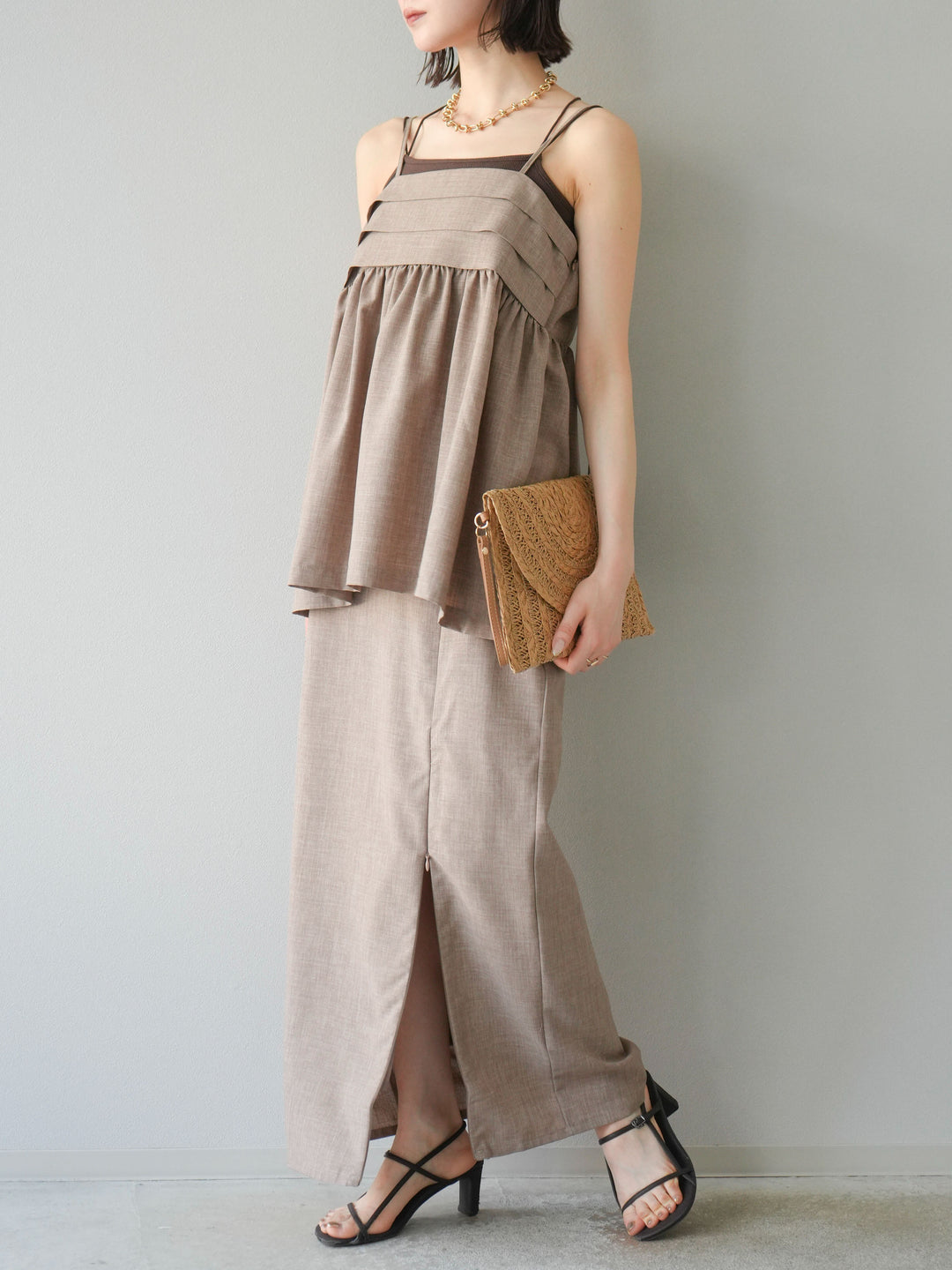 [予約]リネンライクZIPスリットタイトスカート/グレージュ