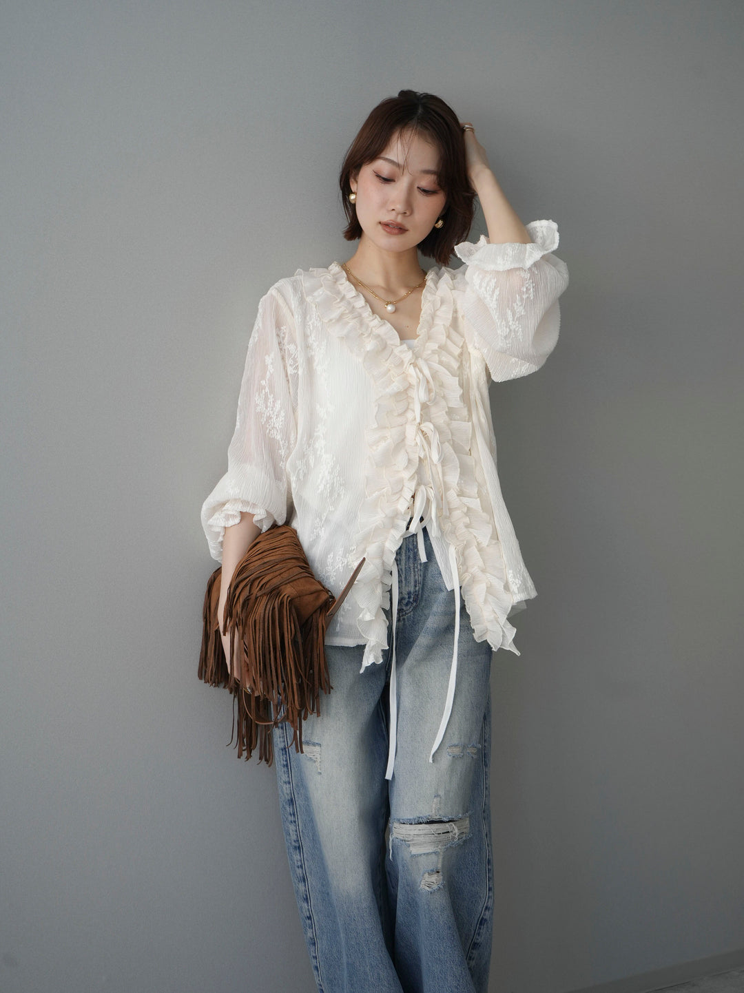 [予約]楊柳ラッフルフリルカーディガン/ivory