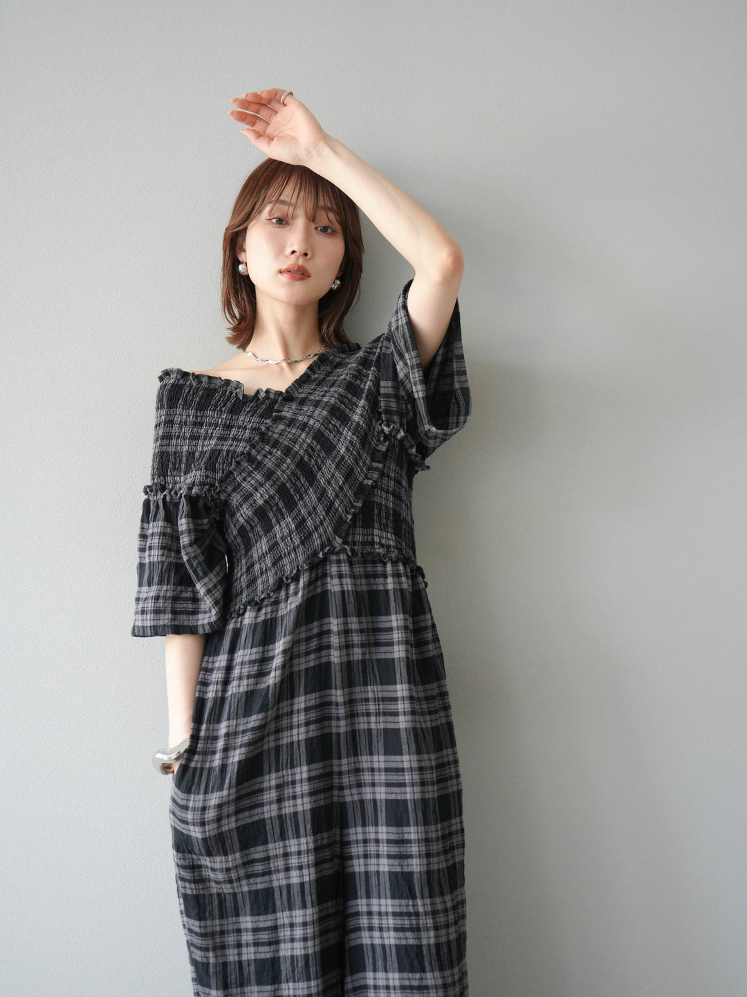 [予約]チェック柄ハーフスリーブシャーリングクロスサロペット/ブラック