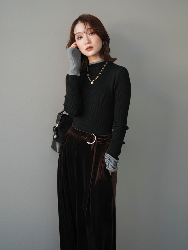 [予約]袖ボタンハイネック配色リブニットトップス/black