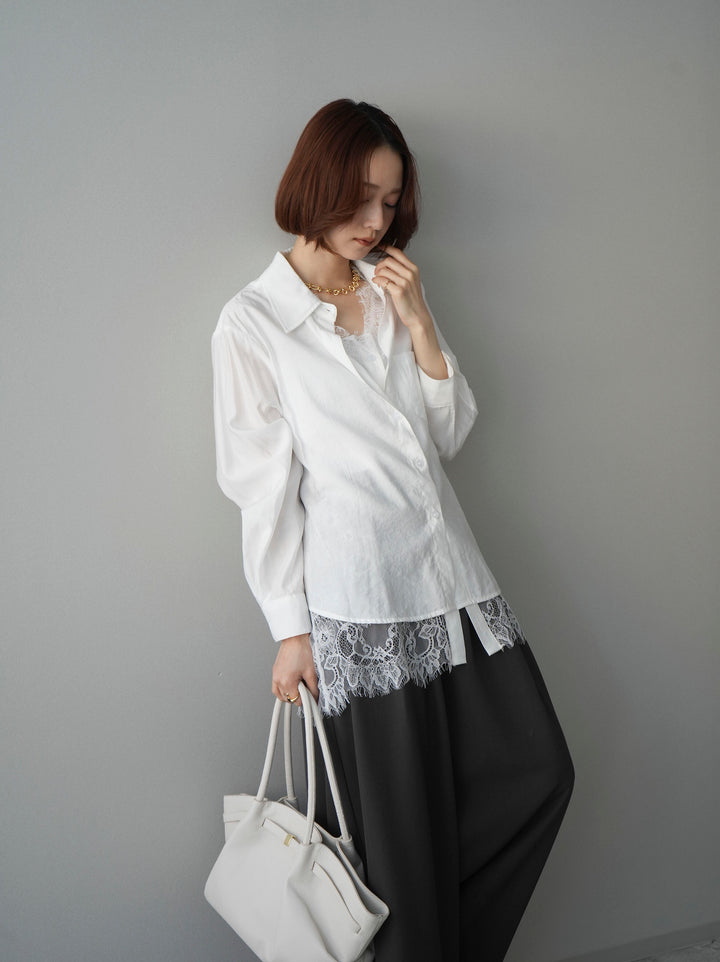 [予約]レイヤードデザイン裾レースブラウス/white