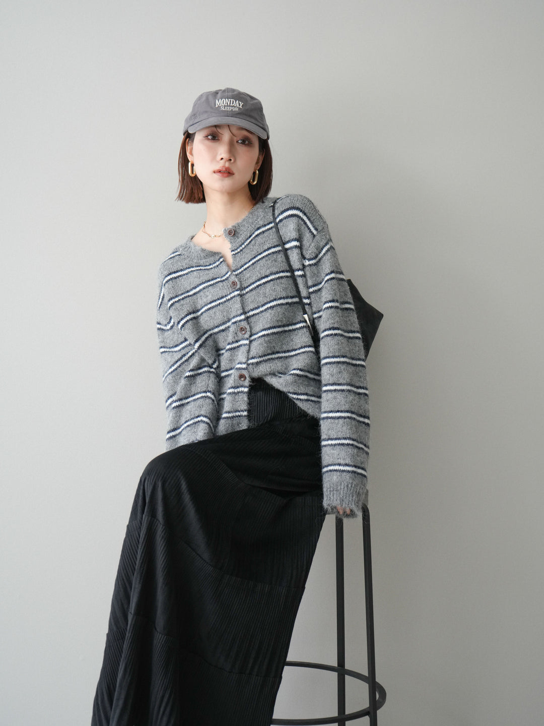 [予約]ボーダーシャギーニットカーディガン/gray