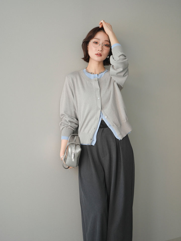 [予約]配色レイヤードコットンアクリルニットカーディガン/mokugray