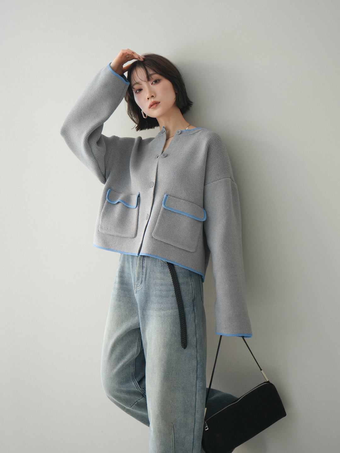 [SET]ポリエステル配色ニットカーディガン+ポリエステル配色ニットカーディガン(2set)