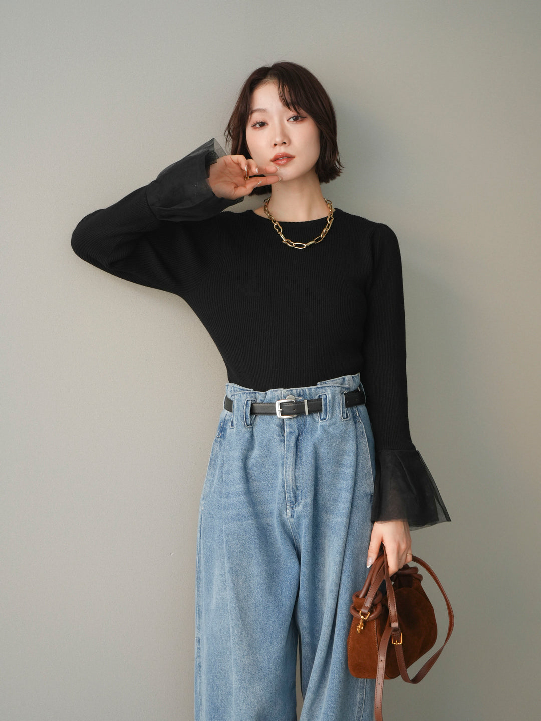 [SET]袖チュールパワショルリブニットトップス+選べるアクセセット(2set)