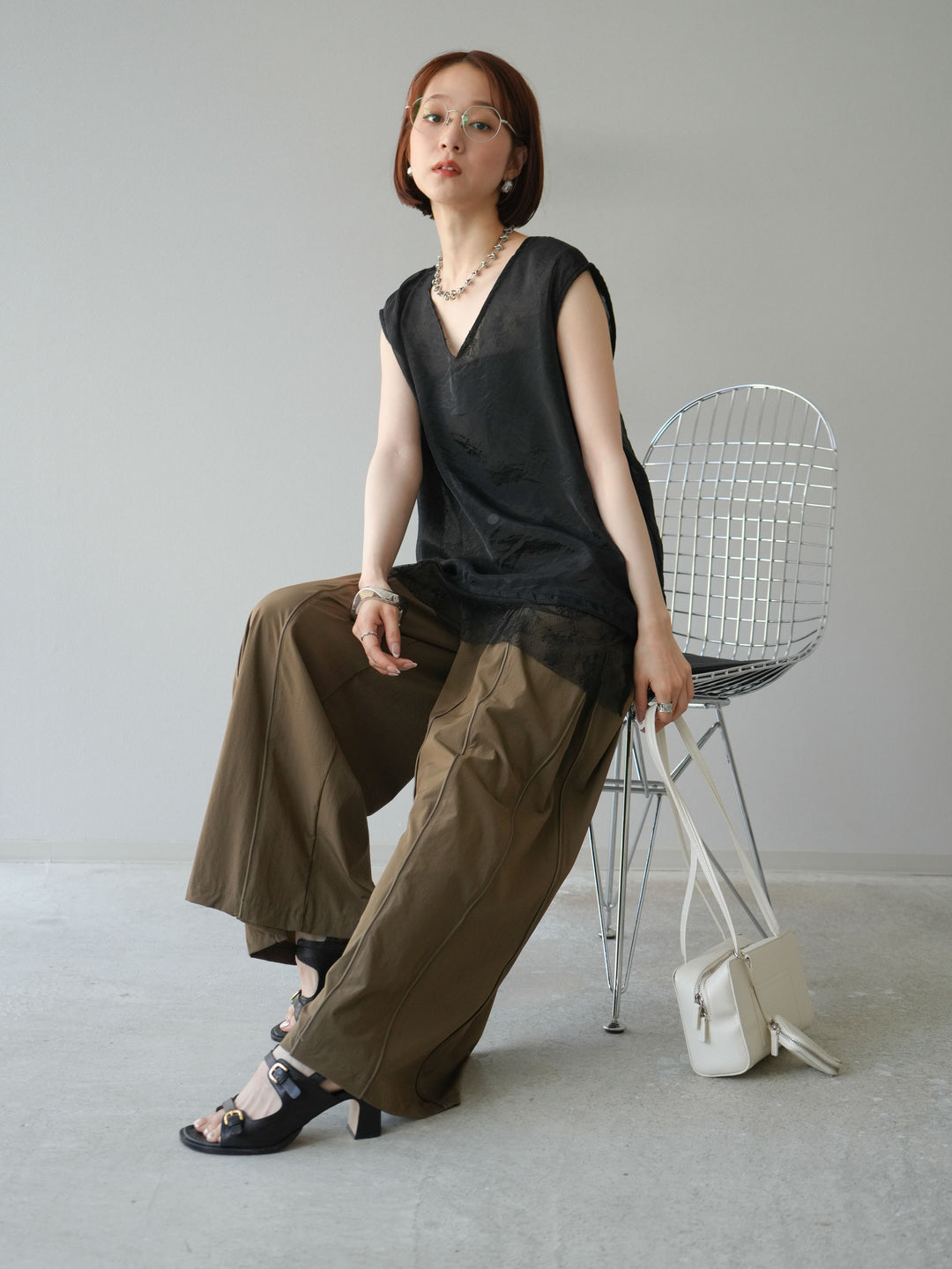 [予約]レースレイヤードオーガンジートップス/ブラック