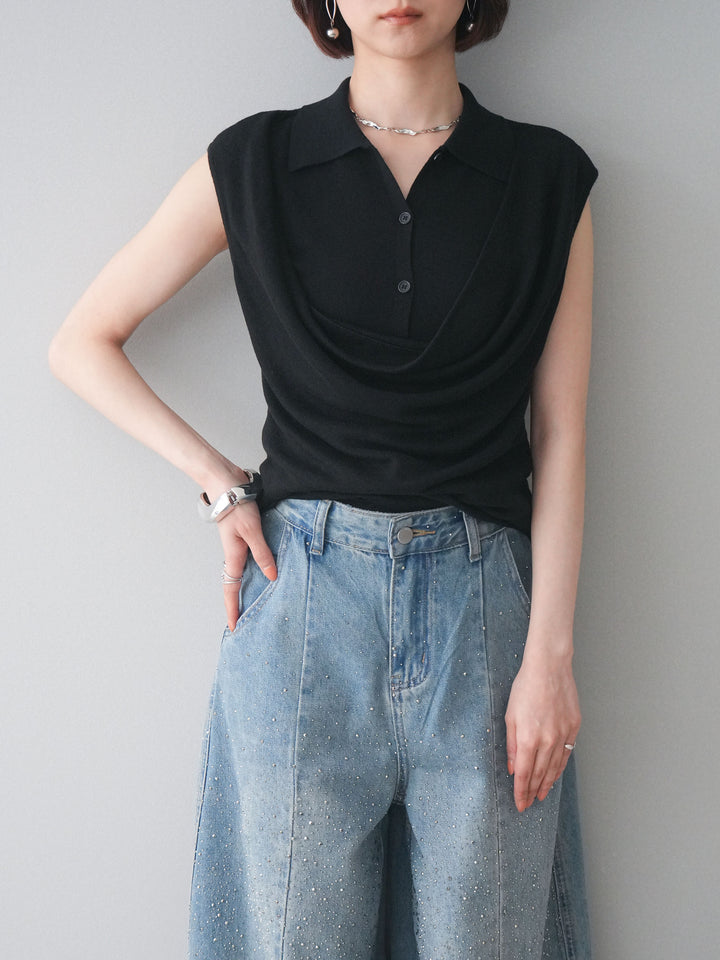 [SET]ノースリーブドレープニットトップス+フロントビジューカーブデニムパンツ(2set)