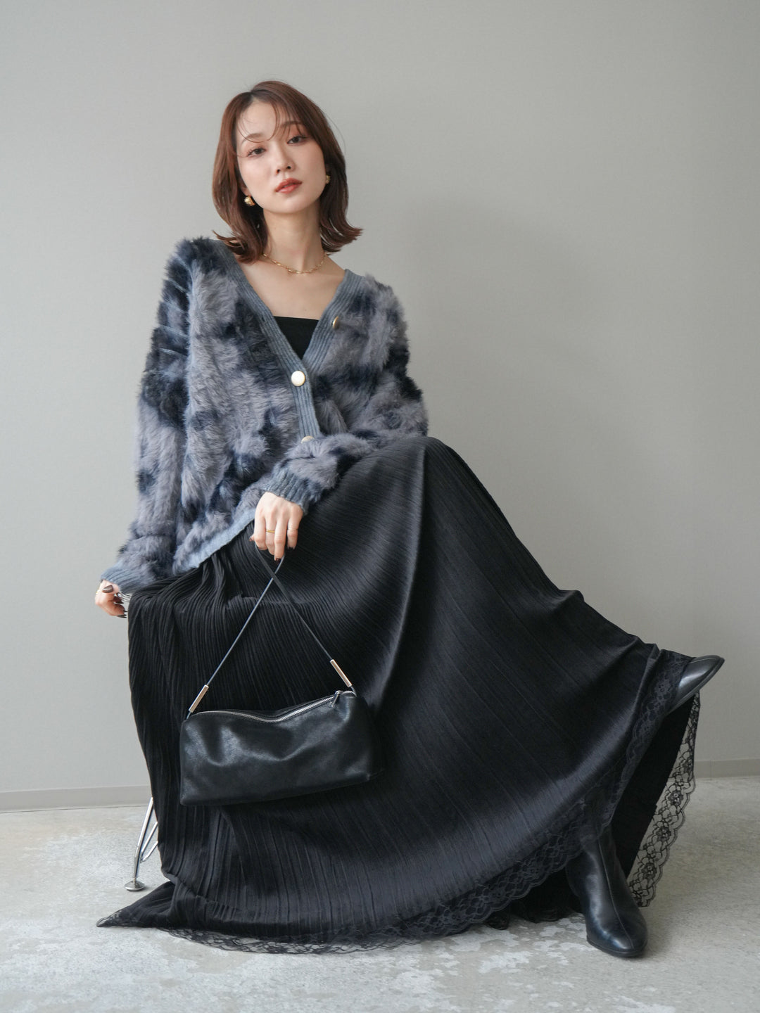 [予約]ニュアンス柄シャギーニットカーディガン/gray