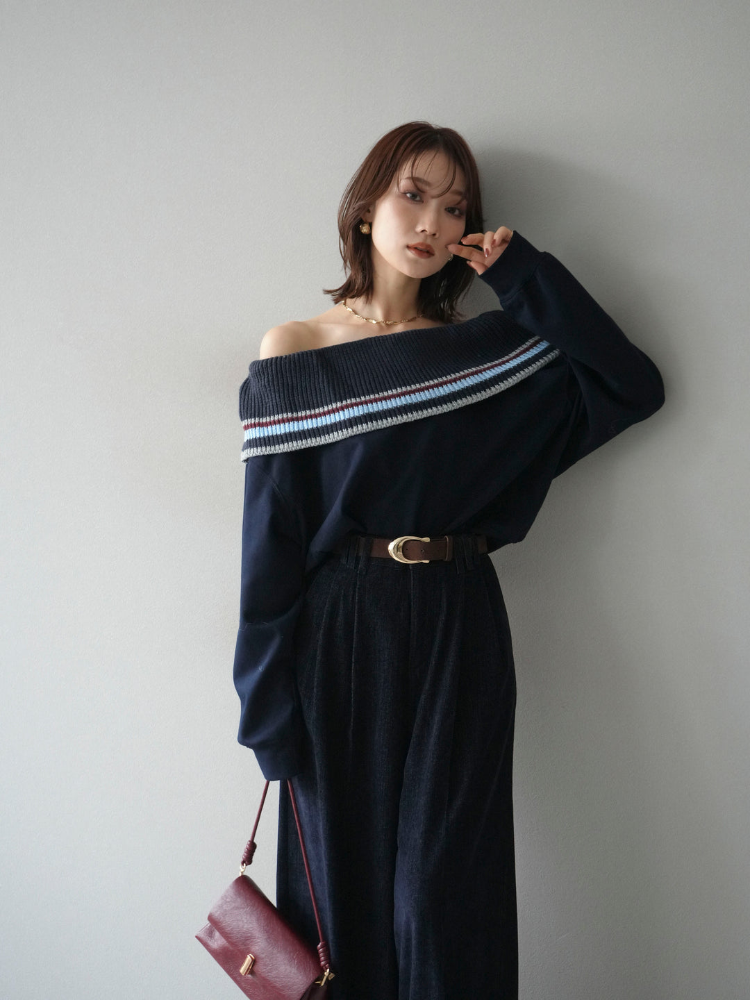 [予約]ボーダーニットオフショルダーxスウェットプルオーバー/navy