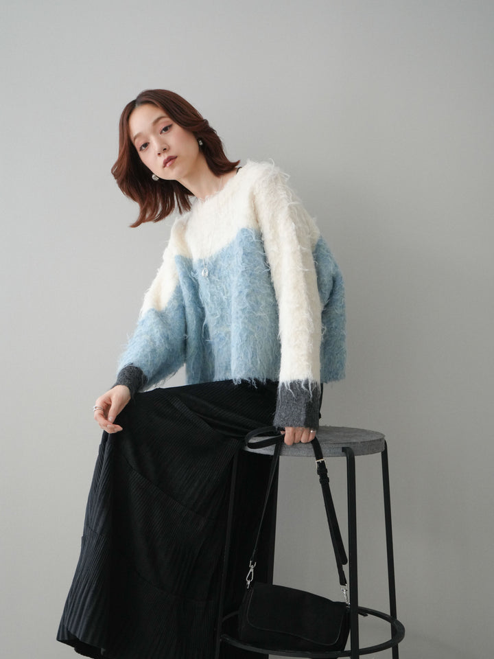 [SET]バイカラーモヘアタッチニットプルオーバー+型押しスエードティアードプリーツスカート(2set)