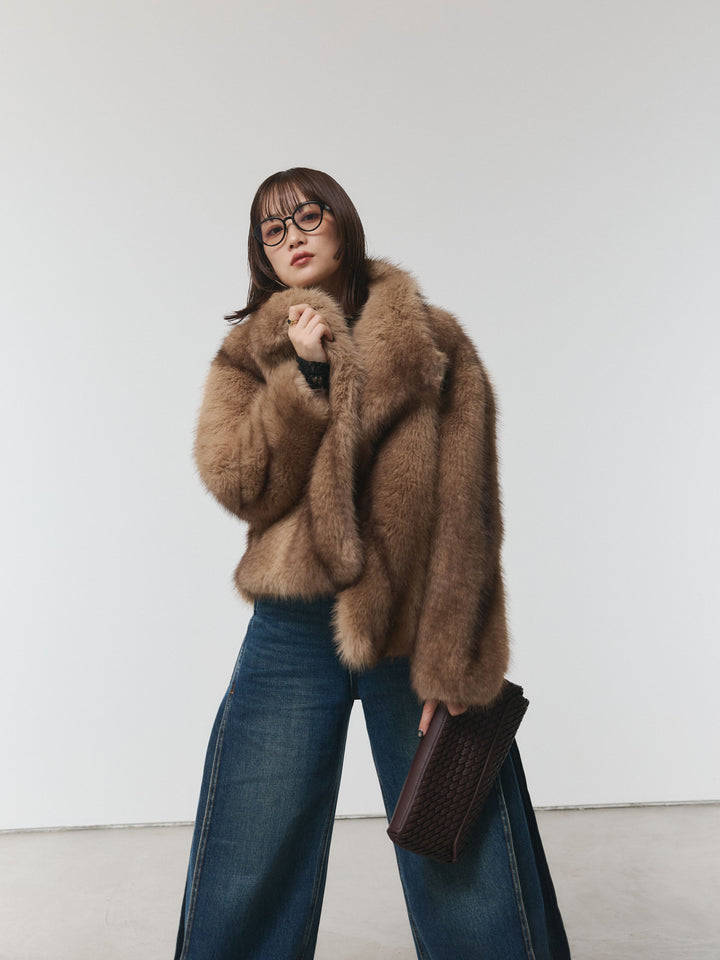 【Allure】[SET]フラワーレーストップス+サイドタックヴィンテージワイドデニム+フェイクファービックカラージャケット(3set)