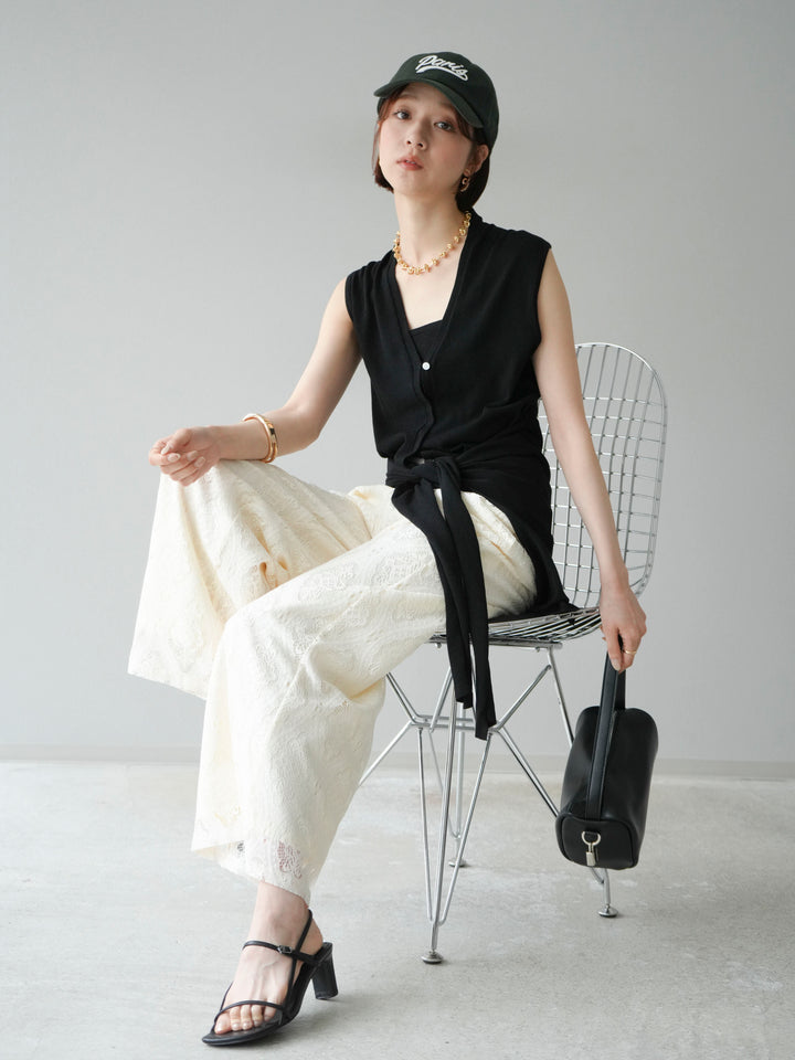 [SET]腰巻きデザインノースリーブニットカーディガン+レースタックイージーパンツ(2set)