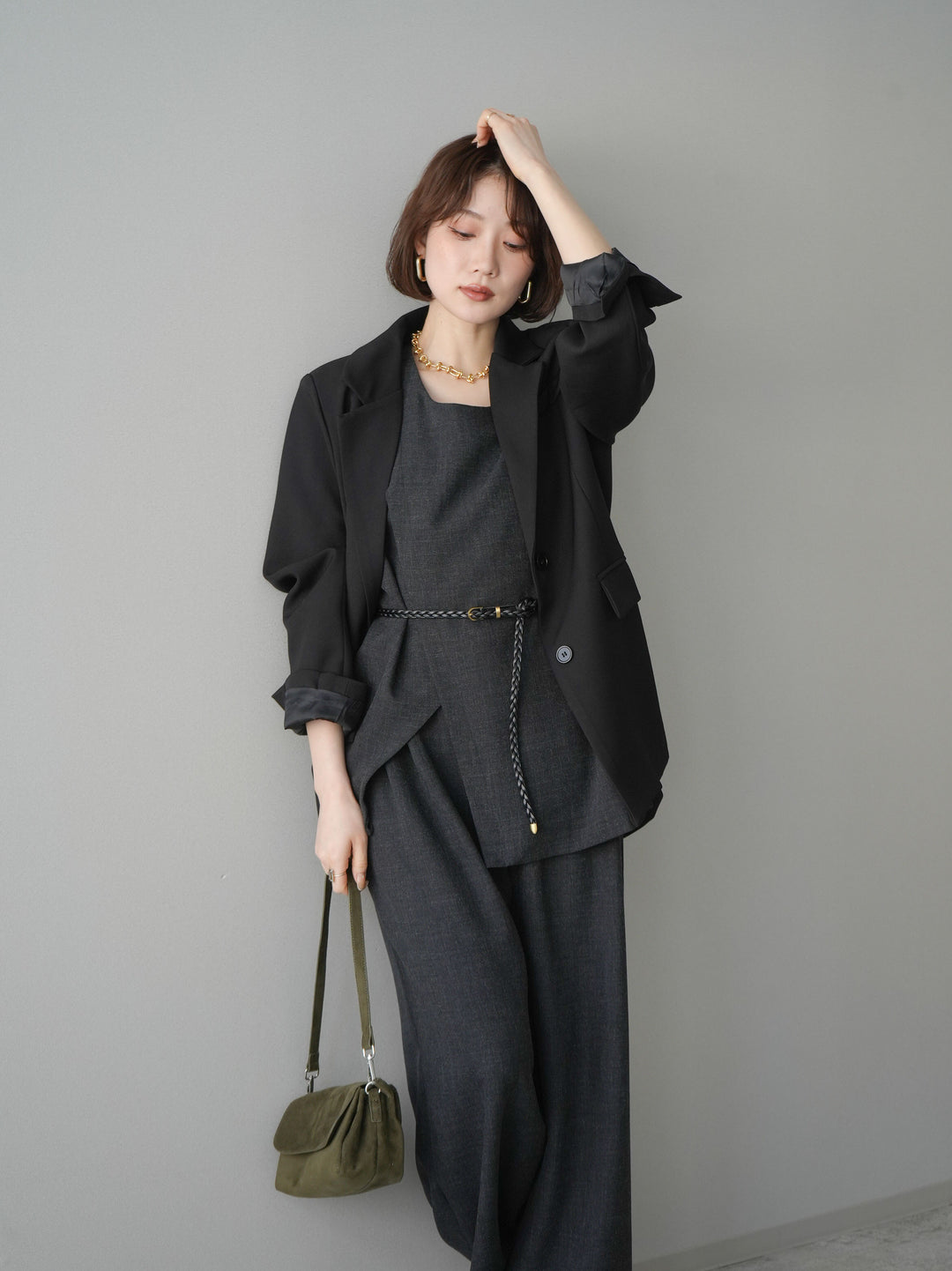 [SET]ベルト付ノースリーブトップス＆ワイドパンツSETUP