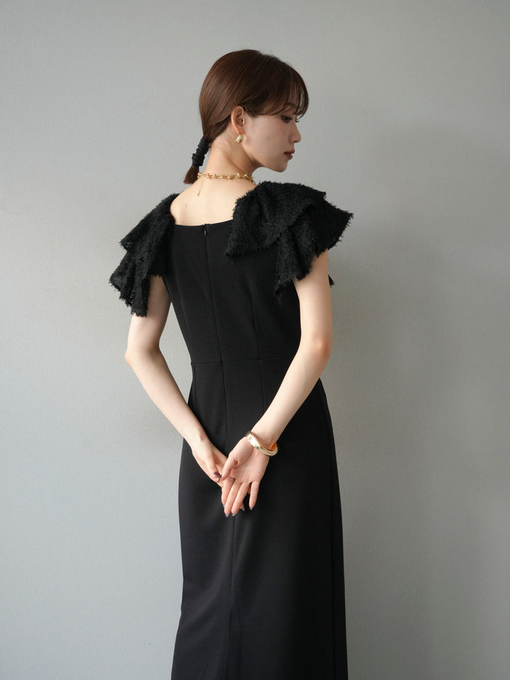 [予約]ジャガードフレアスリーブドレス/ブラック