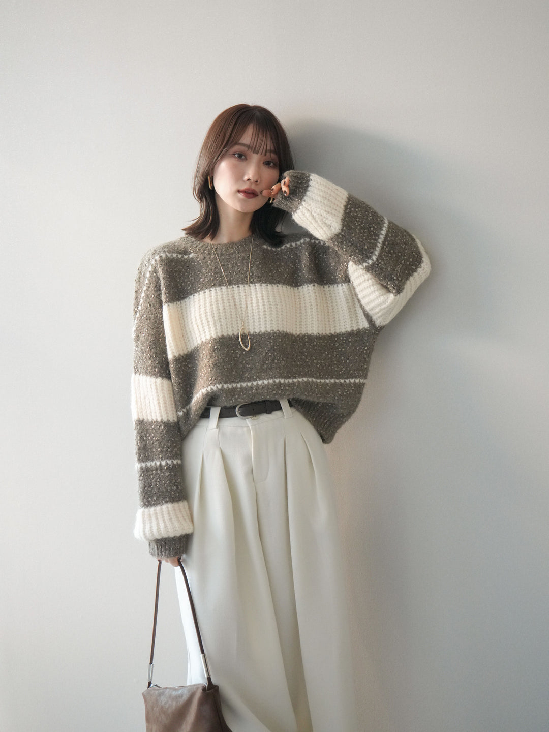 [SET]ネップヤーンボーダーニットプルオーバー+ウールタッチベルト付ワイドパンツ(2set)