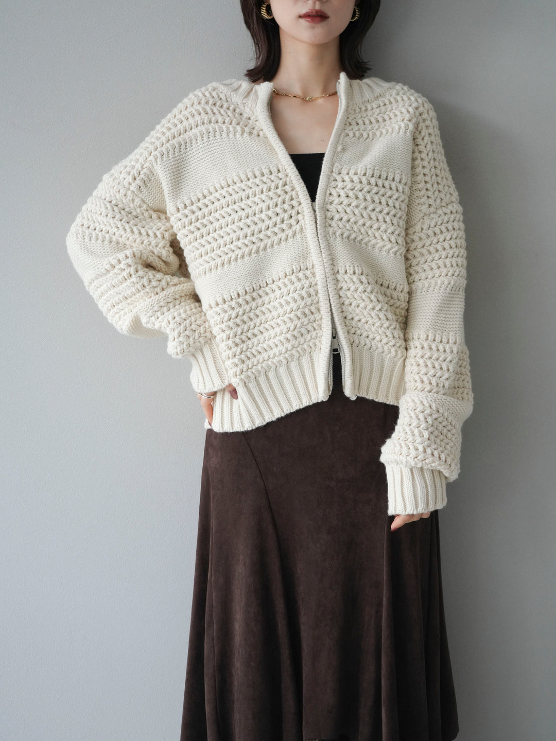 [予約]ケーブル編みZIPニットカーディガン/ivory