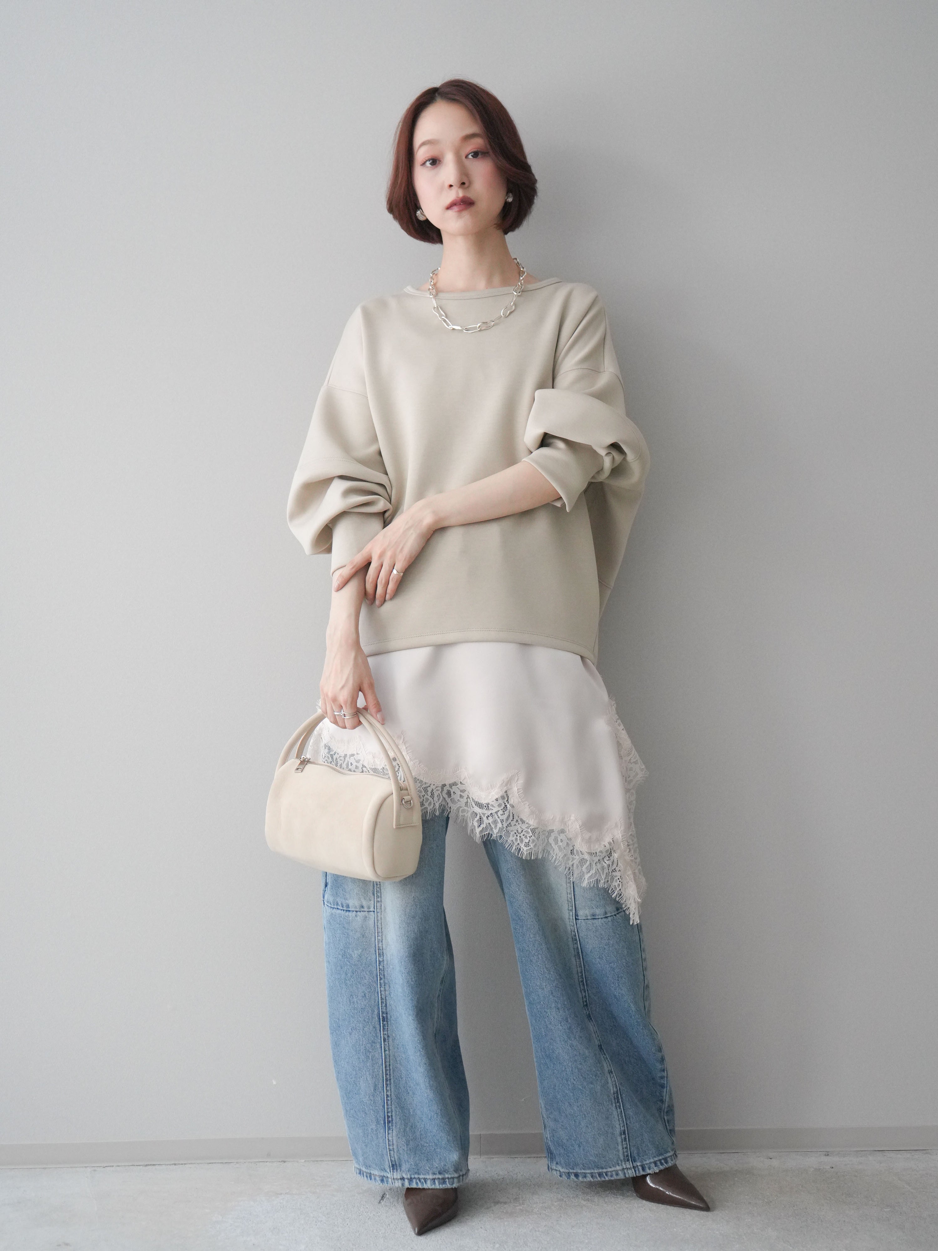 SET]ライトポンチコクーンプルオーバー+アシンメトリーサテンレース