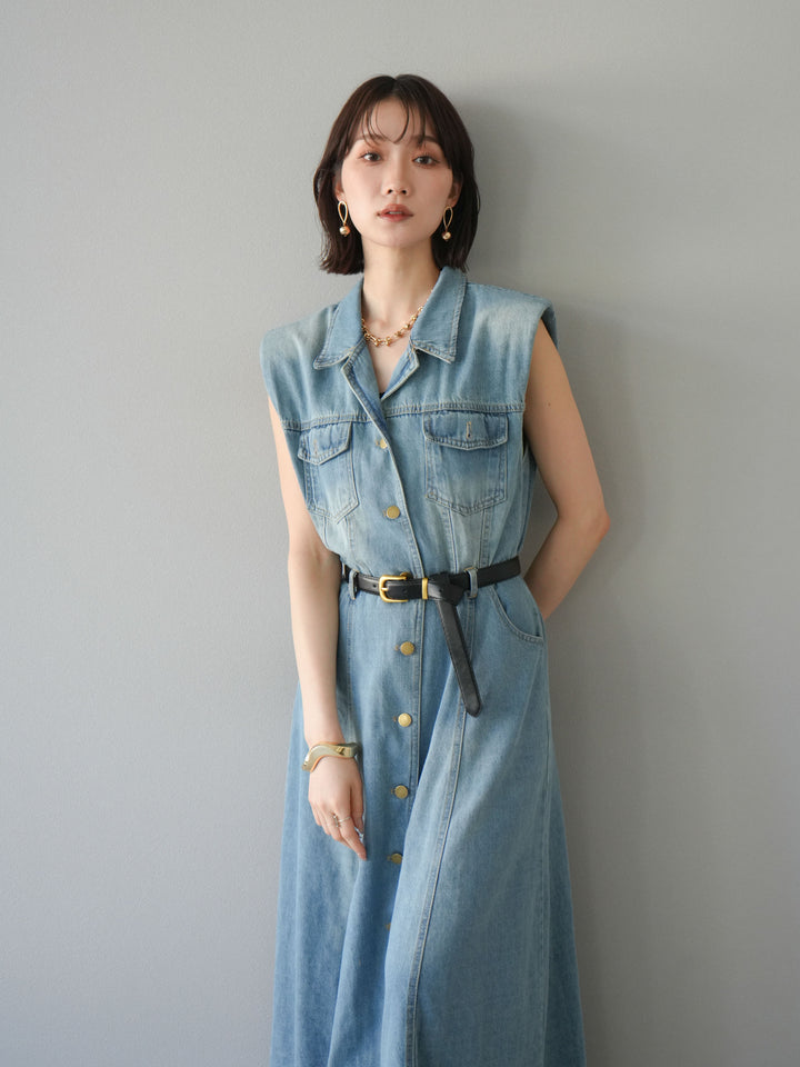 [予約]ベルト付デニムシャツデザインワンピース/ライトブルー