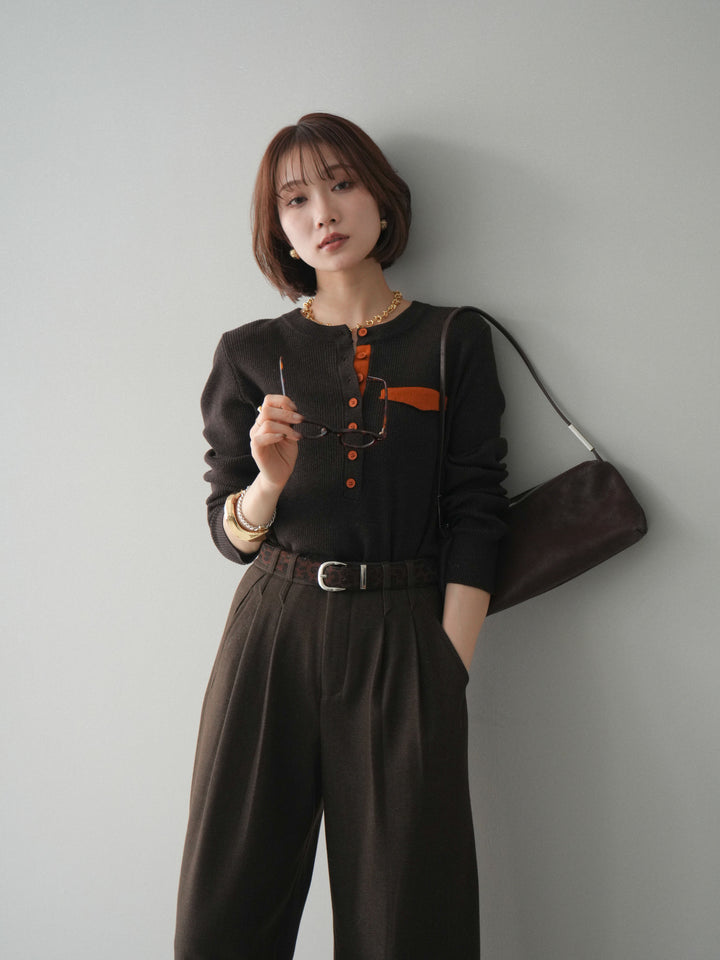 [SET]バイカラーデザインポケット配色ヘンリーネックニットソー+アニマル柄ベルト付きウールタッチワイドパンツ(2set)