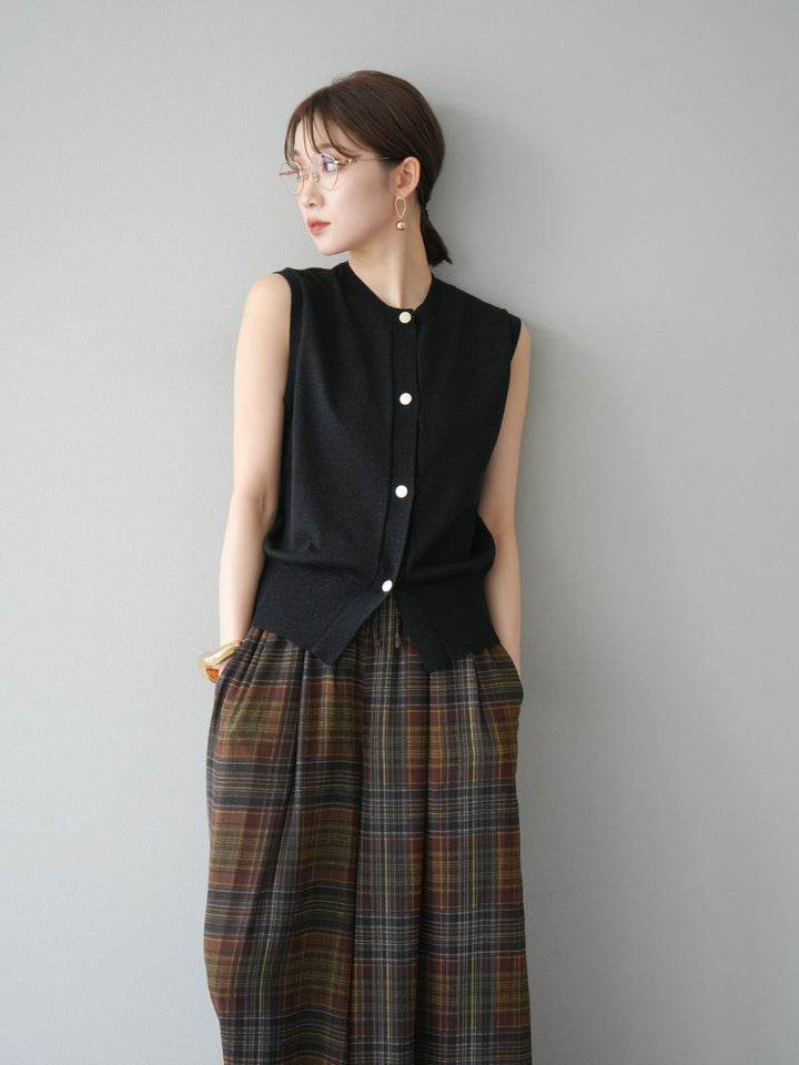 [SET] 金銀絲針織背心 + 透視格紋寬鬆褲 (2 件套)