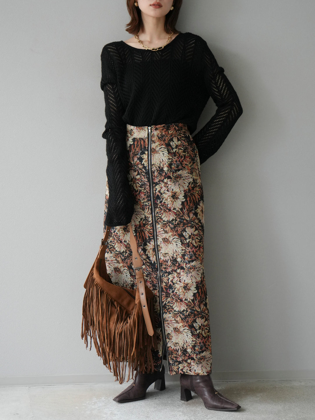 [予約]透かし編みニットトップス/ブラック