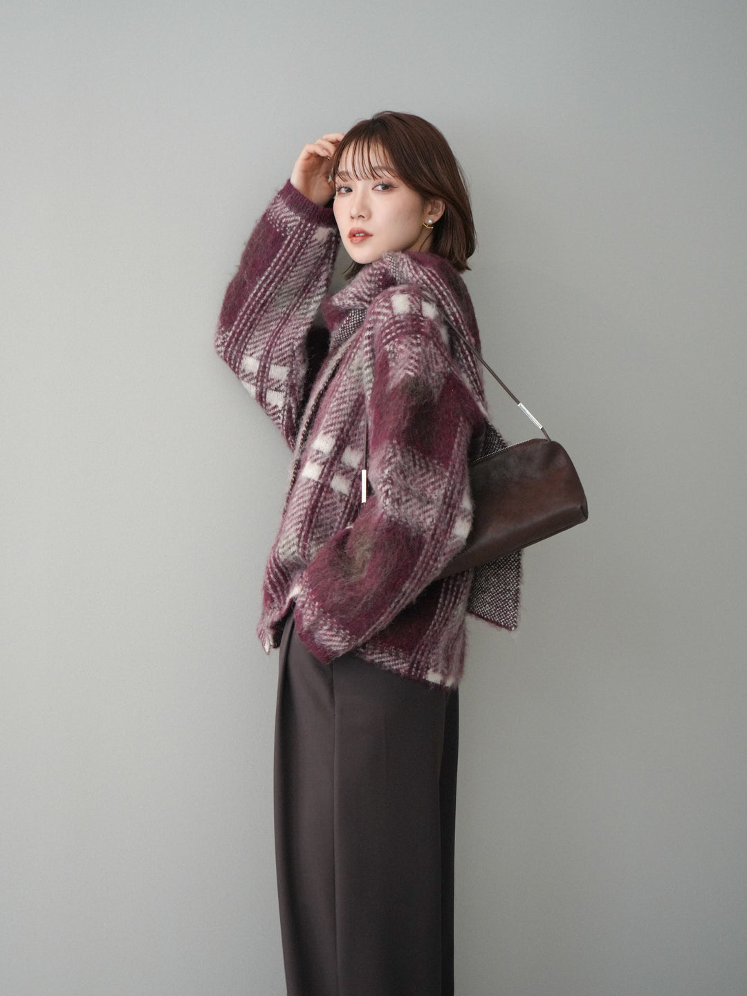 [SET]ストール付シャギーチェックニットプルオーバー+選べるアクセセット(2set)