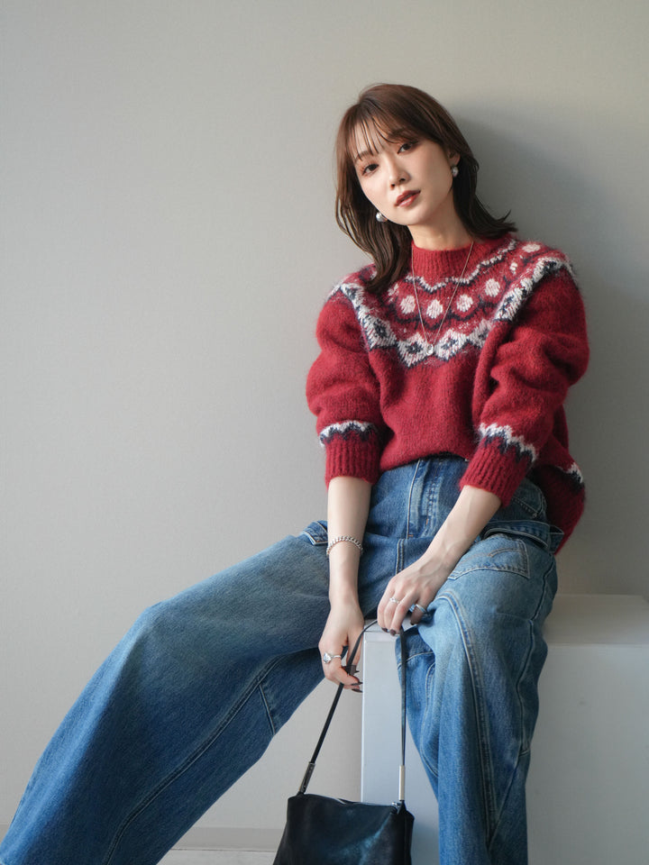 [SET]ソフトタッチ求心柄ニットプルオーバー+ペインターカーブデニムパンツ(2set)