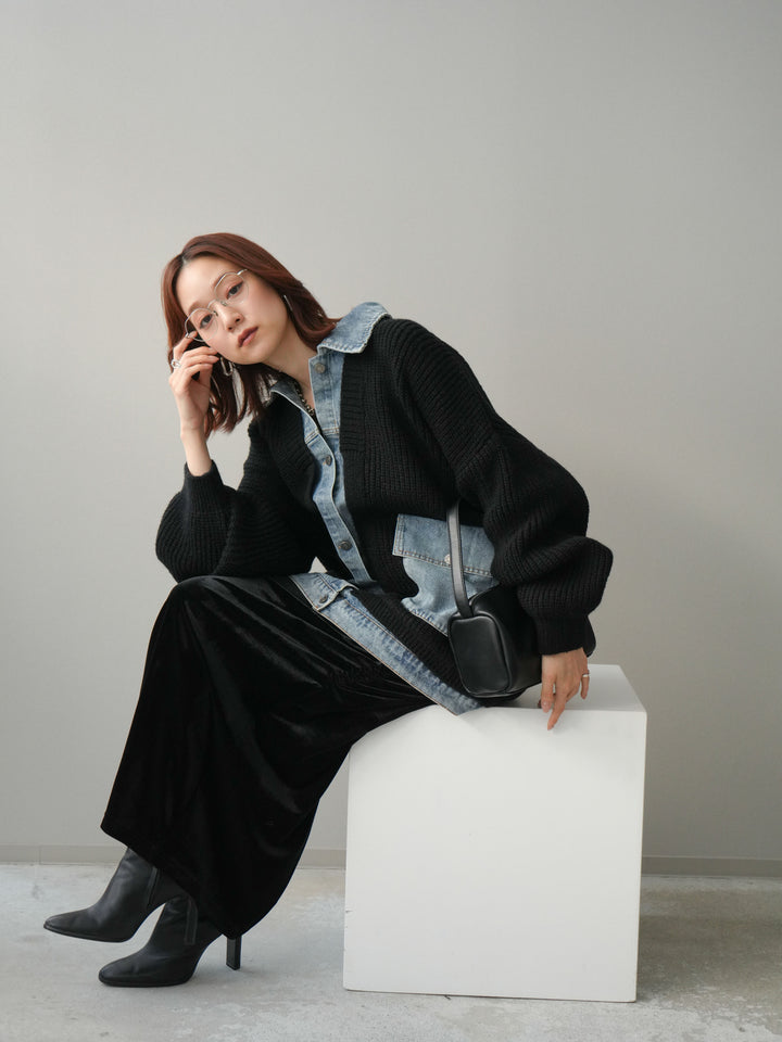 [SET]デニムドッキングオーバーニットジャケット+ギャザーベロアスカート(2set)