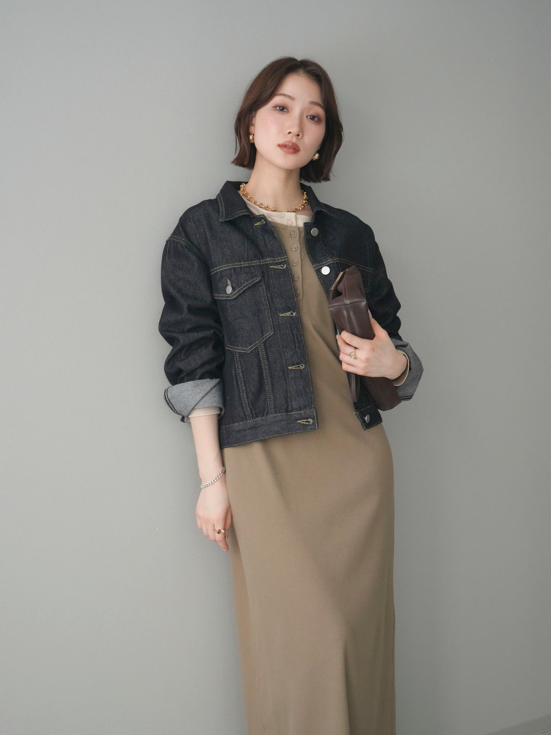 [予約]配色レイヤードヘンリーネックカットリブワンピース/mocha