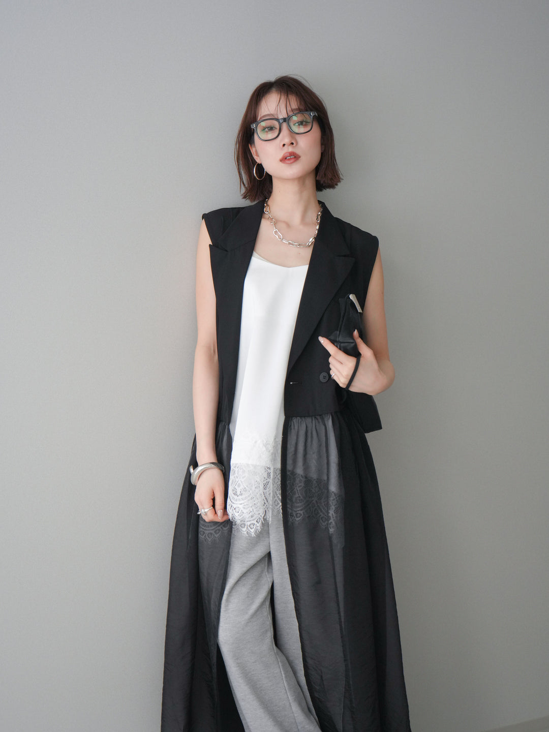 [SET]シアーレイヤードテーラードロングジレ+レーストリムキャミソール+2WAYデザインスウェットパンツ(3set)